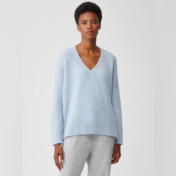 Eileen Fisher Baby Blue Cashmere Silk Bliss Boxy V Neck Sweater Quiet Luxury